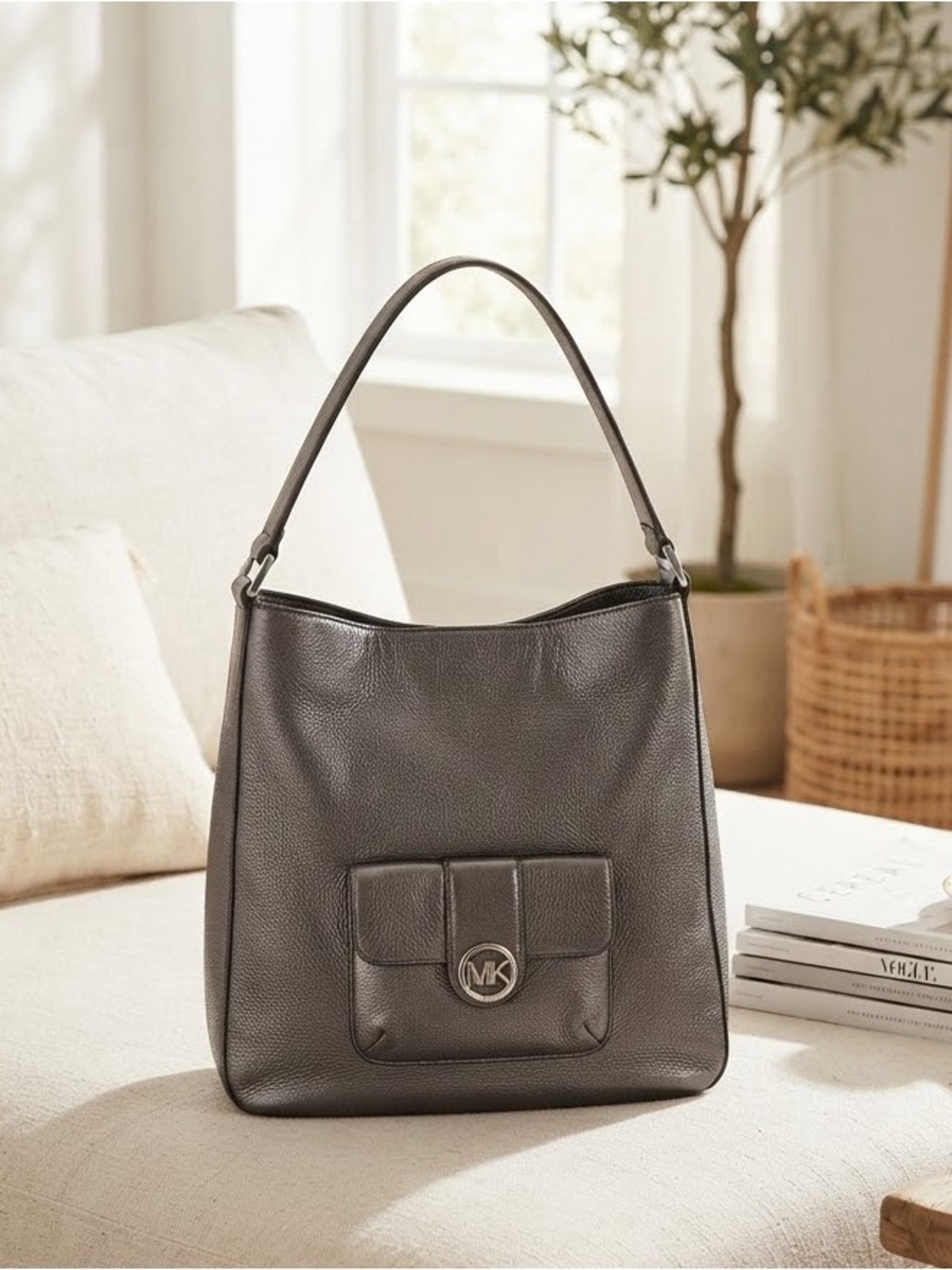 Michael Kors Metallic Charcoal Leather Shoulder Bag Hobo Purse w/ Dust Bag ✨